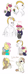 Size: 1280x3332 | Tagged: safe, artist:moccabliss, bulk biceps, derpy hooves, fluttershy, moondancer, oc, oc:little bulk, oc:sona shy, earth pony, pony, unicorn, anthro, g4, abs, bouquet, clothes, colt, crack shipping, curved horn, derpyshy, female, flower, half-siblings, heart eyes, height difference, horn, lesbian, male, male nipples, mare, moonbiceps, muscles, muscular male, nipples, offspring, parent:bulk biceps, parent:derpy hooves, parent:fluttershy, parent:moondancer, parents:derpyshy, parents:flutterbulk, parents:moonbiceps, partial nudity, pecs, shipping, siblings, simple background, sisters, sperm donation, stallion, straight, topless, white background, wingding eyes