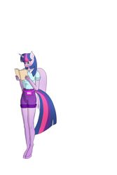 Size: 2400x3600 | Tagged: safe, artist:lullabyjak, twilight sparkle, alicorn, anthro, unguligrade anthro, g4, book, clothes, fanny pack, high res, reading, shorts, simple background, twilight sparkle (alicorn), white background