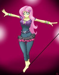 Size: 2849x3630 | Tagged: safe, artist:lennondash, fluttershy, equestria girls, equestria girls specials, g4, my little pony equestria girls: dance magic, barefoot, breasts, feet, high res, lip bite, nervous, outstretched arms, solo, tightrope