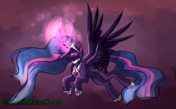 Size: 4500x2776 | Tagged: safe, artist:greenmaneheart, twilight sparkle, alicorn, pony, g4, crown, curved horn, cutie mark, ethereal mane, glowing eyes, glowing horn, hoof shoes, horn, jewelry, magic, nightmare twilight, nightmarified, regalia, solo, spread wings, starry mane, twilight sparkle (alicorn), wings