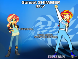 Size: 2160x1620 | Tagged: safe, artist:forzaveteranenigma, sunset shimmer, human, fanfic:equestria motorsports, equestria girls, g4, comparison, ear piercing, earring, happy, human coloration, humanized, in the air, jewelry, jumping, lamborghini, piercing, racing suit, watermark