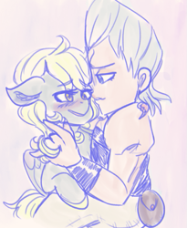 Size: 649x791 | Tagged: safe, artist:mimiporcellini, derpy hooves, human, pegasus, pony, g4, blushing, colored sketch, crossover, crossover shipping, female, interspecies, jean pierre polnareff, jojo's bizarre adventure, male, mare, polnaderp, shipping, story included, straight