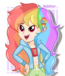Size: 1448x1708 | Tagged: safe, artist:skyfallfrost, oc, oc only, oc:rainbow icee, equestria girls, g4, belly button, clothes, hoodie, midriff, pants, solo