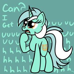 Size: 1200x1200 | Tagged: safe, artist:dafiltafish, lyra heartstrings, pony, unicorn, g4, female, green background, hoof on chin, mare, simple background, solo, text, uhh