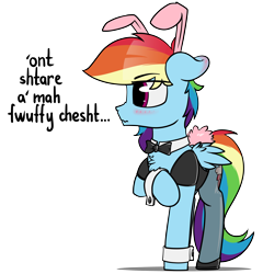 Size: 4600x4800 | Tagged: safe, artist:dacaoo, rainbow dash, pegasus, pony, g4, blushing, bowtie, bunny ears, bunny suit, bunny tail, chest fluff, clothes, cuffs (clothes), cute, ear blush, eyebrows, eyebrows visible through hair, floppy ears, folded wings, leotard, lisp, looking away, nose wrinkle, pantyhose, raised hoof, simple background, transparent background, wavy mouth, wings