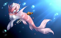 Size: 1900x1200 | Tagged: safe, artist:arxielle, oc, oc only, fish, hybrid, mermaid, merpony, pony, unicorn, bubble, commission, crepuscular rays, fin wings, fins, fish tail, floral necklace, flower, horn, jewelry, necklace, ocean, solo, sunlight, swimming, tail, underwater, water, wings, ych result