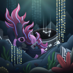 Size: 4000x4000 | Tagged: safe, artist:sol-r, oc, oc only, oc:jazzy, pony, album cover, coral, crepuscular rays, dive mask, flowing tail, ocean, seaweed, solo, swimming, underwater, water, wetsuit