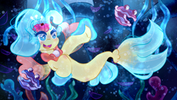 Size: 1280x720 | Tagged: safe, artist:cometsparke, princess skystar, shelldon, shelly, seapony (g4), g4, my little pony: the movie, bioluminescent, blue eyes, blushing, coral, crepuscular rays, dorsal fin, female, fin wings, fins, fish tail, flower, flower in hair, freckles, jewelry, necklace, open mouth, open smile, pearl necklace, seaquestria, seashell, seaweed, smiling, solo, swimming, tail, underwater, water, wings