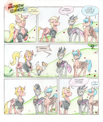 Size: 800x948 | Tagged: safe, artist:cindertale, oc, oc only, oc:cinder, changedling, changeling, deer, pegasus, pony, unicorn, changedling oc, changeling oc, chest fluff, clothes, comic, deer oc, dialogue, horn, jacket, looking back, male, outdoors, pegasus oc, pronking, raised hoof, stallion, traditional art, unicorn oc, wings