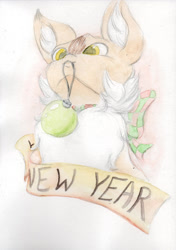 Size: 800x1139 | Tagged: safe, artist:cindertale, oc, oc only, oc:cinder, deer, bauble, bow, bust, chest fluff, cute, deer oc, ear fluff, happy new year, holiday, male, mouth hold, solo, traditional art