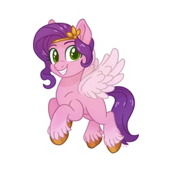 Size: 1200x1200 | Tagged: safe, artist:oomles, pipp petals, pegasus, pony, g5, adorapipp, colored wings, cute, eyebrows, female, flying, grin, hoof fluff, looking at you, mare, raised hoof, signature, simple background, smiling, smiling at you, solo, spread wings, unshorn fetlocks, watermark, white background, wings