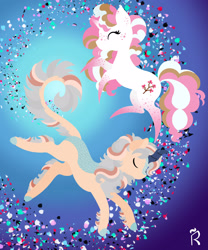 Size: 1920x2304 | Tagged: safe, artist:dawn-designs-art, oc, oc:pink pepper, oc:quicksilver pique, kirin, pony, unicorn, abstract, abstract art, abstract background, commission, commissions open, female, floating, male, mare, modern art, stallion