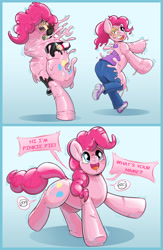 Size: 3300x5050 | Tagged: safe, artist:helixjack, pinkie pie, earth pony, human, pony, g4, bondage, doll, dollified, encasement, gradient background, inanimate tf, latex, living latex, merging, ponysuit, rubber, transformation, transformation sequence