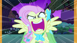 Size: 1920x1080 | Tagged: safe, screencap, fluttershy, pegasus, pony, g4, season 1, the best night ever, angry, breaking the fourth wall, clothes, dress, female, flutterrage, gala dress, glare, gritted teeth, looking at you, mare, messy mane, night, open mouth, outdoors, rage, scary, scratches, solo, spread wings, teeth, tree, wings, you're going to love me