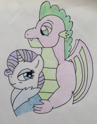 Size: 1280x1635 | Tagged: safe, artist:dragonpriness, rarity, spike, dragon, pony, unicorn, g4, the last problem, eye wrinkles, female, gigachad spike, male, older, older rarity, older spike, ship:sparity, shipping, straight, traditional art