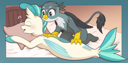 Size: 1500x746 | Tagged: safe, artist:vavacung, gabby, terramar, griffon, seapony (g4), semi-anthro, g4, blushing, eyes closed, female, gabbymar, male, massage, music notes, open mouth, shipping, smiling, straight