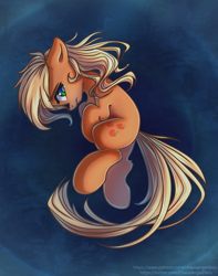 Size: 1000x1269 | Tagged: safe, artist:chaosangeldesu, applejack, earth pony, pony, g4, crying, curled up, floating, floppy ears, loose hair, messy mane, profile, shadow, single tear, solo, teary eyes