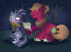 Size: 1800x1331 | Tagged: safe, artist:gallantserver, big macintosh, zecora, earth pony, pony, zebra, g4, alternate hairstyle, base used, blushing, bouquet, bouquet of flowers, bracelet, ear piercing, earring, eyes closed, female, flower, forest, freckles, interspecies, jewelry, macora, male, man bun, mare, neck rings, night, open mouth, piercing, shipping, sitting, stallion, story included, straight