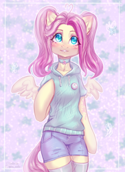 Size: 1816x2500 | Tagged: safe, artist:zefirka, fluttershy, pegasus, pony, semi-anthro, g4, alternate hairstyle, arm hooves, badge, blushing, clothes, cute, looking at you, pigtails, shyabetes, solo
