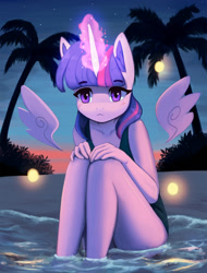 Size: 1400x1842 | Tagged: safe, artist:mrscroup, twilight sparkle, alicorn, anthro, g4, clothes, evening, feet in water, female, floating wings, glowing horn, horn, looking at you, ocean, one-piece swimsuit, outdoors, palm tree, sitting, solo, sukumizu, sunset, swimsuit, tree, twilight sparkle (alicorn), water, wings