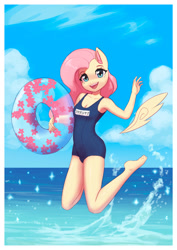 Size: 1920x2713 | Tagged: safe, artist:mrscroup, fluttershy, pegasus, anthro, plantigrade anthro, g4, barefoot, blushing, breasts, cleavage, clothes, feet, female, floating wings, inflatable toy, inner tube, jumping, looking at you, mare, ocean, one-piece swimsuit, open mouth, open smile, outdoors, school swimsuit, smiling, solo, sukumizu, swimsuit, water, wings