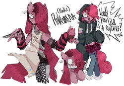 Size: 1324x917 | Tagged: safe, artist:brlckson, pinkie pie, earth pony, pony, anthro, g4, apron, arm warmers, belt, clothes, cupcake, ear piercing, earring, fishnet stockings, food, hoodie, jewelry, knife, piercing, pinkamena diane pie, sharp teeth, simple background, skirt, teeth, text, this will end in cupcakes
