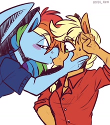 Size: 1451x1640 | Tagged: safe, artist:lrusu, applejack, rainbow dash, earth pony, pegasus, anthro, g4, blushing, clothes, dirty, duo, eyes closed, female, kiss on the lips, kissing, lesbian, mare, midair, scuff mark, ship:appledash, shipping, shirt, sweat, sweatdrop, wings