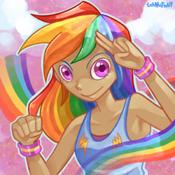 Size: 1280x1280 | Tagged: safe, artist:tehnutball, rainbow dash, human, g4, armpits, clothes, female, fist, humanized, moderate dark skin, rainbow, salute, solo, tank top, wristband