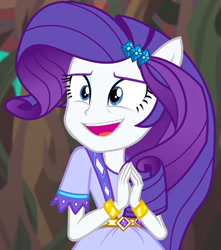 Size: 546x618 | Tagged: safe, screencap, rarity, equestria girls, g4, my little pony equestria girls: legend of everfree, cropped, open mouth, open smile, ponied up, smiling, solo