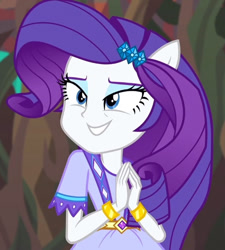 Size: 555x618 | Tagged: safe, screencap, rarity, equestria girls, g4, my little pony equestria girls: legend of everfree, cropped, grin, lidded eyes, ponied up, smiling, solo