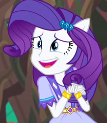 Size: 538x618 | Tagged: safe, screencap, rarity, equestria girls, g4, my little pony equestria girls: legend of everfree, cropped, open mouth, open smile, ponied up, smiling, solo