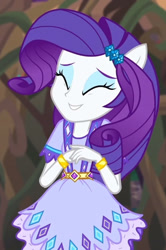 Size: 410x618 | Tagged: safe, screencap, rarity, equestria girls, g4, my little pony equestria girls: legend of everfree, cropped, eyes closed, grin, ponied up, smiling, solo