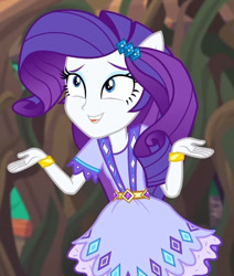 Size: 499x589 | Tagged: safe, screencap, rarity, equestria girls, g4, my little pony equestria girls: legend of everfree, cropped, ponied up, shrug, smiling, solo, tongue out
