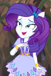 Size: 408x606 | Tagged: safe, screencap, rarity, equestria girls, g4, my little pony equestria girls: legend of everfree, cropped, lidded eyes, open mouth, open smile, ponied up, smiling, solo