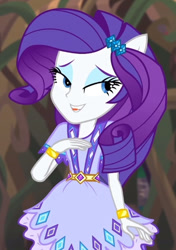 Size: 418x593 | Tagged: safe, screencap, rarity, equestria girls, g4, my little pony equestria girls: legend of everfree, cropped, lidded eyes, ponied up, smiling, solo, tongue out