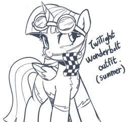 Size: 1212x1176 | Tagged: safe, artist:maren, twilight sparkle, alicorn, pony, g4, aviator goggles, checkered flag, clothes, cute, female, folded wings, goggles, horn, mare, monochrome, mouth hold, solo, twiabetes, twilight sparkle (alicorn), uniform, wings, wonderbolts uniform, wondersparkle