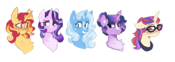 Size: 3652x1307 | Tagged: safe, artist:scarletskitty12, moondancer, starlight glimmer, sunset shimmer, trixie, twilight sparkle, pony, unicorn, g4, alternate hairstyle, blaze (coat marking), blushing, bust, chest fluff, coat markings, curved horn, digital art, facial markings, female, horn, looking at each other, looking at you, mare, simple background, smiling, star mark, transparent background, two toned horn