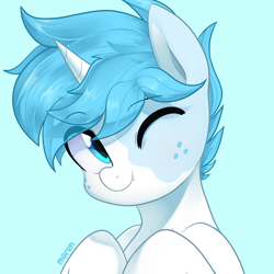 Size: 2600x2600 | Tagged: safe, artist:maren, oc, oc only, pony, unicorn, fangs, freckles, high res, horn, light blue background, one eye closed, simple background, solo, unicorn oc, wink