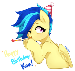 Size: 2437x2320 | Tagged: safe, artist:maren, oc, oc only, oc:koa, pegasus, pony, hat, high res, party hat, party horn, pegasus oc, simple background, solo, white background