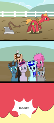 Size: 1024x2304 | Tagged: safe, artist:platinumdrop, big macintosh, oc, oc:art splatter, oc:landry crusher, oc:poor richman, oc:rain breeze, oc:sapphire storm, oc:teal star, g4, comic, micro, plow, request, tiny