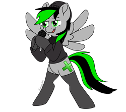 Size: 1670x1485 | Tagged: safe, artist:eowyn, oc, oc only, oc:nighty, pegasus, pony, beanie, bipedal, clothes, feathered wings, friday night funkin', green and black mane, green and black tail, green eyes, hat, hoodie, male, microphone, open mouth, pegasus oc, simple background, singing, smiling, socks, solo, spread wings, transparent background, veil, wings