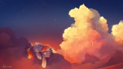 Size: 2560x1440 | Tagged: safe, artist:anticular, rainbow dash, pegasus, pony, g4, cloud, cloudscape, eyes closed, female, mare, on a cloud, scenery, scenery porn, sky, sleeping, sleeping on a cloud, solo, sunset