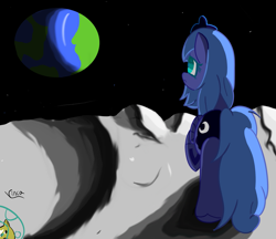 Size: 2329x2011 | Tagged: safe, artist:vinca, princess luna, alicorn, pony, g4, high res, moon, on the moon, planet, s1 luna, solo, wings