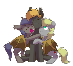 Size: 937x853 | Tagged: safe, artist:chub-wub, oc, oc:night skies, oc:penny valencia, oc:solar flux, bat pony, pegasus, pony, female, hug, male, mare, memorial, smiling, stallion, winghug, wings