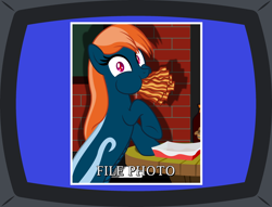 Size: 2584x1975 | Tagged: safe, artist:badumsquish, derpibooru exclusive, oc, oc only, oc:kalianne, lamia, monster pony, original species, anger burger, bacon, bottle, caption, cheek bulge, crt tv, eating, female, file photo, food, gentlemen, looking at you, male, meat, non consensual photo, open mouth, puffy cheeks, red eye, restaurant, sarsaparilla, shadow, show accurate, simpsons did it, soda bottle, solo, squishy cheeks, stuffing, table, television, text, the simpsons