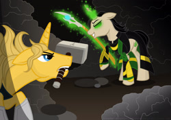 Size: 2927x2049 | Tagged: safe, artist:frisullka1, pony, unicorn, avengers, evil smile, fight, floppy ears, glowing eyes, green eyes, grin, hammer, high res, loki, mind stone, ponified, scepter, smiling, thor
