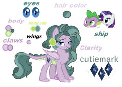 Size: 1280x911 | Tagged: safe, artist:skydreamplayzz, rarity, spike, oc, oc only, oc:clarity, dracony, hybrid, g4, chest fluff, claws, dragon wings, female, interspecies offspring, lidded eyes, male, mare, offspring, parent:rarity, parent:spike, parents:sparity, reference sheet, ship:sparity, shipping, simple background, smiling, smirk, solo, straight, transparent background, wings