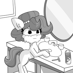 Size: 3000x3000 | Tagged: safe, artist:tjpones, oc, oc only, oc:brownie bun, earth pony, pony, bathroom, bipedal, bipedal leaning, black and white, earth pony oc, female, grayscale, high res, leaning, mare, mirror, monochrome, razor, shaving, shaving cream, sink, solo