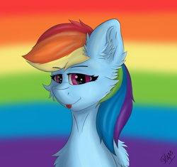 Size: 2838x2663 | Tagged: safe, artist:flapstune, rainbow dash, pegasus, pony, g4, blue background, bust, cheek fluff, chest fluff, ear fluff, female, fluffy, high res, looking at you, mare, rainbow background, signature, simple background, smiling, solo, tongue out, wings