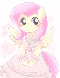 Size: 1584x2048 | Tagged: dead source, safe, artist:ginmaruxx, fluttershy, pegasus, pony, g4, bipedal, blushing, clothes, cute, dress, female, looking at you, mare, shyabetes, smiling, solo, spread wings, wings